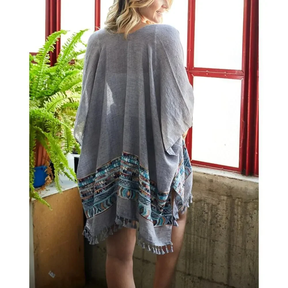 New! RAJ Aztec Embroidered Tassel Trim Beach Cover-up Boho Kimono Shawl Wrap